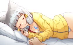 Rule 34 | 1boy, 1girl, alten, animal ears, bed, blunt bangs, cat ears, chest jewel, closed eyes, collarbone, commentary, core crystal (xenoblade), english commentary, facial mark, grey hair, hair ribbon, head on pillow, highres, holding hands, hood, hood down, hooded jacket, jacket, jewelry, long sleeves, lying, nia (xenoblade), on bed, on side, open mouth, panties, pov, ribbon, ring, short hair, sleeping, tress ribbon, underwear, wedding ring, white panties, xenoblade chronicles (series), xenoblade chronicles 2, yellow jacket, zipper pull tab