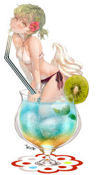 Rule 34 | 1girl, absurdres, alternate hairstyle, arm support, bendy straw, bikini, blush, breasts, cup, drink, drinking glass, drinking straw, flower, food, frilled bikini, frills, fruit, green eyes, green hair, groin, gumi, hair flower, hair ornament, hair up, hairclip, head tilt, hibiscus, highres, ice cream, in container, in cup, kiwi (fruit), kneeling, leaf, light smile, lips, looking at viewer, low ponytail, martini, matching hair/eyes, mini person, minigirl, mint, o-ring, o-ring top, oversized object, partially submerged, ponytail, short ponytail, side-tie bikini bottom, signature, simple background, skindentation, soft serve, solo, sprinkles, swimsuit, toma (me666nm), vocaloid, white background, wine glass, wrist cuffs