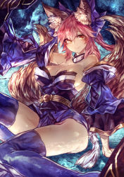 10s 1girl animal_ears arm_support bare_shoulders blue_thighhighs bow breasts detached_collar detached_sleeves fate/extra fate_(series) female_focus fox_ears fox_tail fur hair_bow highres large_breasts legs orange_eyes pink_hair signo_aaa sitting smile solo tail tamamo_no_mae_(fate/extra) thighhighs thighs twintails