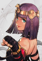 Rule 34 | 1girl, alternate costume, bare shoulders, blunt bangs, capcom, circlet, clenched hand, dark-skinned female, dark skin, detached sleeves, fist bump, green eyes, hand wraps, hungry clicker, lips, looking at viewer, medium hair, menat, nose, purple hair, red sleeves, single detached sleeve, solo, street fighter, street fighter v