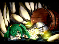 Rule 34 | 1girl, bug, enclosed, female focus, green eyes, green hair, hair bobbles, hair ornament, highres, kisume, letterboxed, lying, matching hair/eyes, on stomach, open mouth, river, rope, short hair, solo, spider, tears, touhou, tunnel, twintails