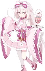 Rule 34 | 1girl, absurdres, apron, asymmetrical legwear, bow, detached sleeves, dress, food, hair between eyes, highres, holding, ice cream, long hair, long sleeves, looking at viewer, open mouth, original, pink bow, pink dress, pink eyes, pink footwear, pink hair, pink socks, simple background, sleeves past fingers, sleeves past wrists, socks, solo, standing, thighhighs, uneven legwear, urotsuki (2013.04), white background, white thighhighs