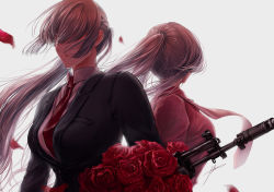 Rule 34 | 2girls, ak-12 (girls&#039; frontline), ak-12 (lucia) (girls&#039; frontline), ak-15, ak-15 (erwin) (girls&#039; frontline), ak-15 (girls&#039; frontline), assault rifle, black suit, bouquet, braid, breasts, closed mouth, collared shirt, dress shirt, falling petals, filha, flower, formal, french braid, girls&#039; frontline, gun, hair over eyes, high ponytail, highres, kalashnikov rifle, large breasts, long hair, looking away, multiple girls, petals, red neckwear, red shirt, rifle, shirt, sidelocks, silver hair, suit, weapon, white background, white shirt