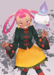 Rule 34 | 1girl, atage, black jacket, blush, candle, chinese clothes, commentary, creatures (company), dot nose, earrings, fingernails, game freak, gen 5 pokemon, grin, hair rings, jacket, jewelry, jitome, litwick, long sleeves, looking at viewer, nail polish, nintendo, pantyhose, pink hair, pokemon, pokemon (creature), pokemon masters ex, punk girl (pokemon), red eyes, red nails, red pantyhose, sanpaku, skirt, smile, striped clothes, striped pantyhose, tassel, tassel earrings, yellow skirt