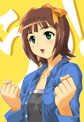 Rule 34 | 00s, 1girl, :d, amami haruka, black shirt, blue shirt, blush, bow, brown hair, buttons, clenched hand, clenched hands, collarbone, g-tetsu, green eyes, hair ribbon, idolmaster, idolmaster (classic), jacket, long sleeves, open clothes, open jacket, open mouth, ribbon, shirt, short hair, smile, solo, t-shirt, tareme, unbuttoned, upper body