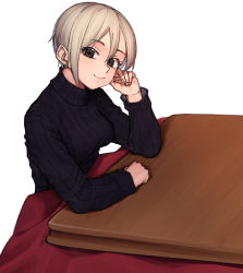 Rule 34 | 1girl, bad id, bad pixiv id, black eyes, black sweater, closed mouth, commentary request, earrings, elbow rest, grey hair, hand in own hair, head tilt, idolmaster, idolmaster cinderella girls, jewelry, kotatsu, long sleeves, looking at viewer, ribbed sweater, roivas, shiomi syuko, short hair, simple background, sitting, smile, solo, sweater, table, turtleneck, white background