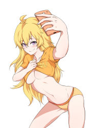 Rule 34 | 1girl, ahoge, bad id, bad pixiv id, blonde hair, blush, breasts, character name, cleavage, clothes lift, groin, groin tendon, highres, hollowgom, leaning forward, long hair, medium breasts, navel, panties, purple eyes, rwby, selfie pose, shirt lift, solo, underboob, underwear, white background, yang xiao long