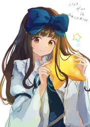 Rule 34 | 1girl, blue bow, blue dress, blunt bangs, bow, brown eyes, brown hair, closed mouth, commentary request, dated, dress, frilled shirt collar, frills, hair bow, hands up, highres, holding, holding star, light blush, light smile, long hair, long sleeves, looking at viewer, sidelocks, simple background, solo, star (symbol), star sapphire, takatani naru, touhou, upper body, very long hair, white background, wide sleeves