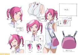 Rule 34 | 1girl, bag, bandai, character sheet, curvy, digimon, digimon world re:digitize, female focus, happy, official art, one breast out, pink eyes, pink hair, rindou akiho, smile, solo, twintails, yasuda suzuhito