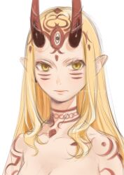 Rule 34 | 1girl, bare shoulders, blonde hair, body markings, commentary request, expressionless, facial mark, fate/grand order, fate (series), forehead mark, highres, horns, ibaraki douji (fate), long hair, looking at viewer, mame cs5, oni, pointy ears, portrait, simple background, sketch, solo, upper body, white background, yellow eyes