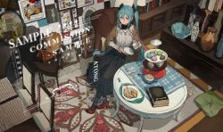 Rule 34 | 1girl, artist name, black bow, black legwear, black skirt, blue hair, bow, bug, butterfly, chair, chocolate (jitong), commission, croissant, dated, drawing (object), food, hair between eyes, hair bow, hatsune miku, highres, indoors, insect, jewelry, long sleeves, macaron, mirror, necklace, phonograph, red footwear, round table, rug, sample watermark, saucer, sitting, skirt, solo, table, teapot, tiered tray, twintails, vase, vocaloid, watermark