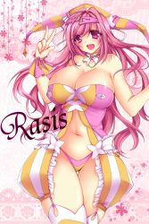 Rule 34 | 1girl, bare shoulders, breasts, choker, cleavage, curvy, female focus, hair ornament, huge breasts, kagaumi, long hair, looking at viewer, navel, open mouth, panties, pink hair, purple eyes, rasis, solo, sound voltex, sound voltex ii infinite infection, standing, thigh gap, thighhighs, thighs, underwear, v