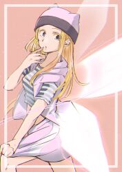 Rule 34 | blonde hair, digimon, hat, highres, jacket, long hair, looking at viewer, orimoto izumi, pink hat, pink skirt, shirt, skirt, skirt hold, skirt tug, striped clothes, striped shirt, wings