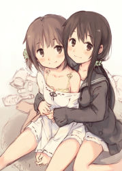 Rule 34 | 2girls, barefoot, brown eyes, brown hair, closed mouth, hair ornament, hair scrunchie, head tilt, highres, hug, hug from behind, kyuri, looking at viewer, multiple girls, off shoulder, original, own hands together, ponytail, ribbon-trimmed shirt, sailor collar, scrunchie, shirt, sitting, sleeves past wrists, smile, wariza, white shirt, yuri