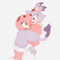 Rule 34 | 2girls, alternate costume, amy rose, animal ears, animal nose, back, blaze the cat, blush, cat ears, cat girl, cat tail, eyelashes, fang, forehead jewel, furry, furry female, gem, green eyes, hairband, hand on another&#039;s shoulder, hands up, hedgehog ears, hedgehog girl, hug, long sleeves, looking at another, miniskirt, multiple girls, one eye closed, open mouth, orange eyes, pants, pink fur, pink sweater, puffy long sleeves, puffy sleeves, purple fur, purple sweater, red gemstone, red hairband, simple background, skirt, smile, socks, sonic (series), standing, sucho, sweatdrop, sweater, tail, tongue, topknot, white background, white pants, white skirt, white socks, yuri