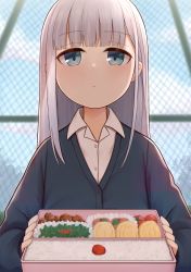 Rule 34 | 1girl, absurdres, aharen-san wa hakarenai, aharen reina, atorie, bento, blue cardigan, blue eyes, blunt bangs, blurry, blurry background, cardigan, closed mouth, collared shirt, commentary request, food, highres, holding bento, long hair, looking at viewer, outdoors, rice, school uniform, shirt, sidelocks, silver hair, solo, upper body, white shirt