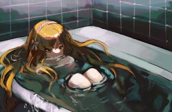 Rule 34 | 1girl, bathing, bathtub, bow, brown hairband, green eyes, hair bow, hairband, highres, ishmael (project moon), limbus company, long hair, looking to the side, msx (mis4xi), orange hair, project moon, sitting, solo, tile wall, tiles, very long hair, white bow