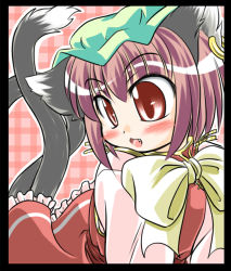 Rule 34 | 1girl, animal ears, blush, cat ears, cat girl, cat tail, chen, china dress, chinese clothes, dress, earrings, fang, female focus, hat, jewelry, konechi, ribbon, short hair, solo, tail, touhou