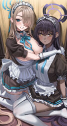 Rule 34 | 2girls, apron, asuna (blue archive), black choker, black hair, blue archive, blush, breasts, brown hair, choker, cleavage, commentary request, elbow gloves, gloves, grin, hair ornament, hair over one eye, halo, highres, karin (blue archive), kneeling, large breasts, long hair, looking at viewer, maid, maid headdress, multiple girls, one eye covered, pantyhose, parted lips, revision, shocho, short sleeves, smile, teeth, thighhighs, thighs, white apron, white gloves, white headwear, white pantyhose, white thighhighs