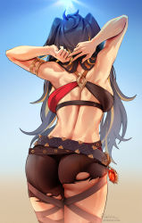 Rule 34 | 1girl, arms behind head, arms up, ass, asymmetrical clothes, back, bare shoulders, belt, black shorts, blonde hair, blue sky, breasts, brown hair, dark-skinned female, dark skin, dehya (genshin impact), foxyreine, from behind, genshin impact, hair intakes, highres, large breasts, long hair, multicolored hair, shorts, sky, solo, streaked hair, thighs, vision (genshin impact)