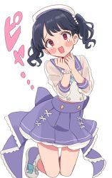 Rule 34 | 1girl, black hair, commentary request, fangs, fukumaru koito, full body, highres, idolmaster, idolmaster poplinks, idolmaster shiny colors, looking at viewer, miniskirt, open mouth, purple eyes, purple skirt, sailor collar, see-through, see-through sleeves, skin fangs, skirt, solo, sukoyaka (100hituzi), tears, twintails, white background