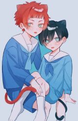 Rule 34 | 2boys, :p, aged down, black hair, blue eyes, blue lock, blue shirt, blue shorts, brothers, cat tail, feet out of frame, full body, grey background, highres, itoshi rin, itoshi sae, long sleeves, looking at viewer, male focus, multiple boys, na su, red hair, shirt, short hair, shorts, siblings, simple background, sitting, socks, tail, tongue, tongue out, white socks