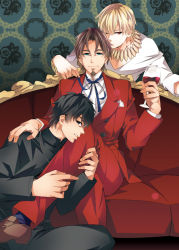 Rule 34 | 3boys, alcohol, black eyes, black hair, blonde hair, blue eyes, brown hair, couch, cup, drinking glass, facial hair, fate/zero, fate (series), formal, gilgamesh (fate), goatee, ichitaka, jacket, jewelry, kotomine kirei, male focus, multiple boys, necklace, official alternate costume, pants, red eyes, red jacket, red pants, red suit, red upholstery, suit, tohsaka tokiomi, v-neck, wine, wine glass