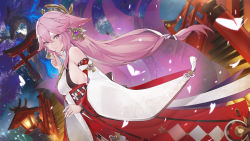 Rule 34 | 1girl, animal ears, bare shoulders, breasts, cherry blossoms, closed mouth, commentary request, detached sleeves, dutch angle, fox ears, genshin impact, hair between eyes, hand on own hip, hand up, highres, holding, holding hair, lips, long hair, looking at viewer, marumoru, medium breasts, pink hair, purple eyes, sideboob, sidelocks, solo, stairs, standing, swept bangs, torii, vision (genshin impact), yae miko
