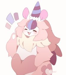 Rule 34 | 1girl, animal girl, animal hands, artist name, closed eyes, commentary, duel monster, english commentary, furry, furry female, hat, heart, marmot, marmot ears, melffy mommy, mero (sundaero), multicolored hair, neck fur, party hat, pink fur, pink hair, signature, smile, solo, upper body, white background, yu-gi-oh!