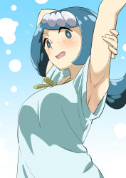 Rule 34 | 1girl, arm up, armpit peek, armpits, blue eyes, blue hair, blush, breasts, creatures (company), flower, freckles, game freak, lana&#039;s mother (pokemon), large breasts, looking at viewer, nintendo, open mouth, pokemon, pokemon (anime), pokemon sm (anime), ponytail, shirt, smile, solo, stretching, upper body, white shirt, yuuichi (reductionblack)