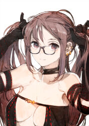 Rule 34 | 1girl, bare shoulders, black dress, blush, breasts, brown eyes, brown hair, bunching hair, center opening, choker, collarbone, dress, ear piercing, earrings, fate/grand order, fate (series), glasses, gloves, highres, jewelry, long hair, looking at viewer, medium breasts, piercing, revealing clothes, revision, smile, solo, strapless, toi8, twintails, very long hair, yu mei-ren (fate)