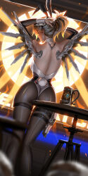 Rule 34 | 1girl, animal ears, arms up, ass, back tattoo, black pantyhose, blonde hair, detached sleeves, fake animal ears, from behind, glowing, glowing wings, hearthstone, highres, leotard, liang xing, mechanical wings, mercy (overwatch), overwatch, pantyhose, playboy bunny, rabbit ears, rabbit tail, short hair, signature, solo, tail, tattoo, thigh strap, tying hair, warcraft, watermark, web address, wings, yellow wings