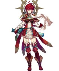 Rule 34 | 1girl, armor, breastplate, capelet, chyko7080, clenched hand, dress, elbow gloves, fire emblem, fire emblem fates, fire emblem heroes, full body, garter straps, gloves, highres, hinoka (fire emblem), japanese clothes, looking at viewer, nintendo, official art, quiver, red eyes, red hair, scarf, short hair, smile, solo, standing, thighhighs, thighs, transparent background, zettai ryouiki