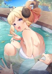 Rule 34 | 2girls, absurdres, ahoge, alternate hairstyle, animal ears, back, black nails, blue sky, blush, breasts, commentary, day, eat some cookie, feet out of frame, from side, hair ribbon, highres, hololive, horns, knees to chest, looking at viewer, medium breasts, multiple girls, naked towel, onsen, open mouth, outdoors, parted bangs, partially submerged, pink ribbon, pov, purple eyes, ribbon, ripples, sheep ears, sheep girl, sheep horns, shishiro botan, short hair, sitting, sky, smile, solo focus, towel, tsunomaki watame, v, virtual youtuber, water