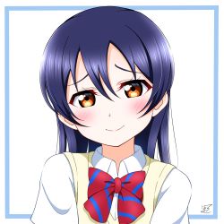 Rule 34 | 1girl, absurdres, artist name, artist request, blue border, blue hair, blush, border, bow, bowtie, breasts, brown eyes, close-up, collared shirt, female focus, hair between eyes, highres, long hair, looking at viewer, love live!, love live! school idol project, otonokizaka school uniform, parted lips, red bow, school uniform, shirt, short sleeves, small breasts, smile, solo, sonoda umi, striped, striped bow, sweater vest, upper body, vest, white background, white shirt, wing collar, worried, yellow eyes, yellow vest