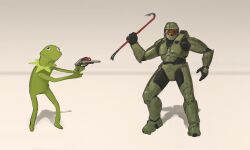 Rule 34 | 2boys, armor, assault visor, black gloves, brown background, cable, commentary, crossover, crowbar, english commentary, garry&#039;s mod, gloves, gun, halo (series), halo 3, helmet, highres, holding, holding crowbar, holding gun, holding weapon, kermit the frog, looking at viewer, male focus, master chief, multiple boys, muppets, open hand, parody, power armor, shadow, spartan (halo), standing, tungsten hale, weapon