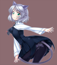 Rule 34 | 1girl, :o, alternate breast size, animal ears, arched back, ass, bent over, black pantyhose, breasts, brown background, cat ears, cat tail, green eyes, looking back, necktie, open mouth, panties, panties under pantyhose, pantyhose, pantyshot, sanya v. litvyak, short hair, silver hair, simple background, skin tight, solo, strike witches, tail, underwear, upskirt, world witches series, zizi (zz22)