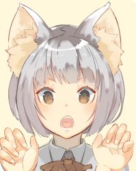 Rule 34 | &gt;:o, 1girl, :o, animal ears, beige background, bob cut, brown eyes, claw pose, fangs, grey hair, looking at viewer, nekomegane, open mouth, original, portrait, short hair, simple background, solo, teeth, upper body, v-shaped eyebrows