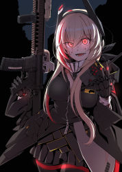 Rule 34 | 1girl, bandages, blood, blood on face, girls&#039; frontline, gloves, glowing, glowing eyes, grin, gun, highres, looking at viewer, m4 sopmod ii (girls&#039; frontline), military, miniskirt, personification, pink hair, pleated skirt, red eyes, rifle, shino (r shughart), skirt, smile, solo, sopmod, teeth, thighhighs, weapon
