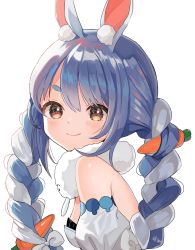 Rule 34 | 1girl, absurdres, animal ear fluff, animal ears, bare shoulders, black leotard, blue hair, bow, braid, breasts, brown eyes, carrot hair ornament, closed mouth, commentary request, detached sleeves, don-chan (usada pekora), dress, food-themed hair ornament, from side, hair between eyes, hair bow, hair ornament, highres, hololive, leotard, looking at viewer, looking to the side, maple (abc2215), multicolored hair, puffy short sleeves, puffy sleeves, rabbit ears, short eyebrows, short sleeves, simple background, small breasts, smile, strapless, strapless dress, strapless leotard, thick eyebrows, twin braids, twintails, two-tone hair, usada pekora, usada pekora (1st costume), virtual youtuber, white background, white bow, white dress, white hair, white sleeves