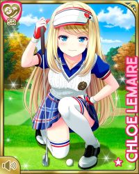Rule 34 | 1girl, alternate costume, blonde hair, blue eyes, blue shirt, blue skirt, card, character name, chloe lemaire, closed mouth, day, frown, girlfriend (kari), golf club, long hair, official art, outdoors, qp:flapper, shirt, skirt, solo, sunvisor, sweater, sweatervest, tagme, white headwear, white sweater