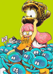 Rule 34 | &gt; &lt;, 1girl, 6+others, anger vein, angry, bike shorts, blush, cat, creature, dot nose, fangs, green background, highres, holding, holding above head, inkling player character, jellyfish (splatoon), judd (splatoon), long hair, multiple others, nintendo, open mouth, oratnir, pennant, pink hair, pointing, pointing at another, pointy ears, shirt, simple background, splatoon (series), t-shirt, tagme, tearing up, yellow eyes, yellow shirt