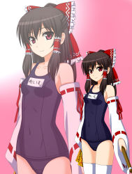 Rule 34 | 1girl, bow, brown hair, collarbone, covered navel, detached sleeves, female focus, gohei, gradient background, hair bow, hair tubes, hakurei reimu, highres, kenken, long hair, looking at viewer, ofuda, one-piece swimsuit, pink eyes, school swimsuit, smile, solo, standing, swimsuit, thighhighs, touhou, white thighhighs, zoom layer