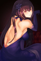 Rule 34 | 1girl, bare back, breasts, commentary request, dress, elbow gloves, fate/grand order, fate (series), flower, gloves, hair flower, hair ornament, highres, kisaragi chiyuki, long hair, looking back, purple dress, purple hair, red eyes, scathach (fate), scathach (formal dress) (fate), sideboob, smile, solo