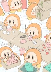 Rule 34 | &gt; &lt;, absurdres, blush stickers, box, cardboard box, character doll, commentary request, flying sweatdrops, highres, kirby, kirby (series), mitsu tsugu, needle, nintendo, no humans, sewing, sewing needle, stuffing, table, waddle dee