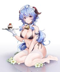 Rule 34 | 1girl, absurdres, between legs, bikini, blue hair, breasts, chi trinh, cupcake, detached collar, food, full body, ganyu (genshin impact), genshin impact, gloves, goat horns, hand between legs, highres, holding, holding tray, horns, large breasts, long hair, looking at viewer, maid, maid bikini, neck bell, pout, purple eyes, side-tie bikini bottom, sitting, solo, swimsuit, thighhighs, tray, unconventional maid, white background, white gloves, white thighhighs, yokozuwari