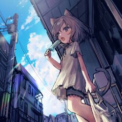 Rule 34 | 1girl, animal ears, bag, cat ears, cat tail, dress, food, grey dress, grey eyes, grey hair, holding, holding food, neoki ohae, open mouth, original, plastic bag, popsicle, power lines, short hair, short sleeves, solo, tail, utility pole