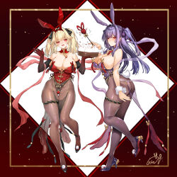 Rule 34 | 2girls, animal ears, ass, bare shoulders, black footwear, blonde hair, blush, breasts, cleavage, closed mouth, elbow gloves, fake animal ears, fake tail, full body, gloves, hair intakes, hair ornament, hands up, high heels, highres, large breasts, leotard, long hair, looking at viewer, multiple girls, obiwan, open mouth, original, pantyhose, playboy bunny, purple footwear, purple hair, purple leotard, purple pantyhose, rabbit ears, rabbit tail, red eyes, red gloves, red leotard, signature, smile, tail, thighs, twintails, wrist cuffs
