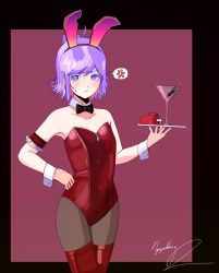 Rule 34 | 1girl, absurdres, anger vein, blush, bow, bowtie, cocktail, cocktail glass, colored eyelashes, cup, drinking glass, full-face blush, hair bun, heterochromia, highres, leotard, light purple hair, looking at viewer, martini, multicolored eyes, original, playboy bunny, red (among us), simple background, solo, thighhighs, xyanide, zipper