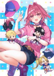 Rule 34 | 1girl, 3boys, :d, absurdres, astolfo (candy pink) (fate), astolfo (fate), bare legs, baseball cap, belt, belt buckle, black hair, blonde hair, bradamante (fate), bradamante (first ascension) (fate), braid, braided ponytail, buckle, charlemagne (fate), choker, commentary request, english text, fang, fate/grand order, fate (series), hair between eyes, hair intakes, hat, highres, kan&#039;yu (citron 82), long hair, looking at viewer, male focus, multiple boys, official alternate costume, open mouth, pink eyes, pink hair, roland (fate), shoes, short sleeves, shorts, skin fang, smile, sneakers, star (symbol), trap, v, watch